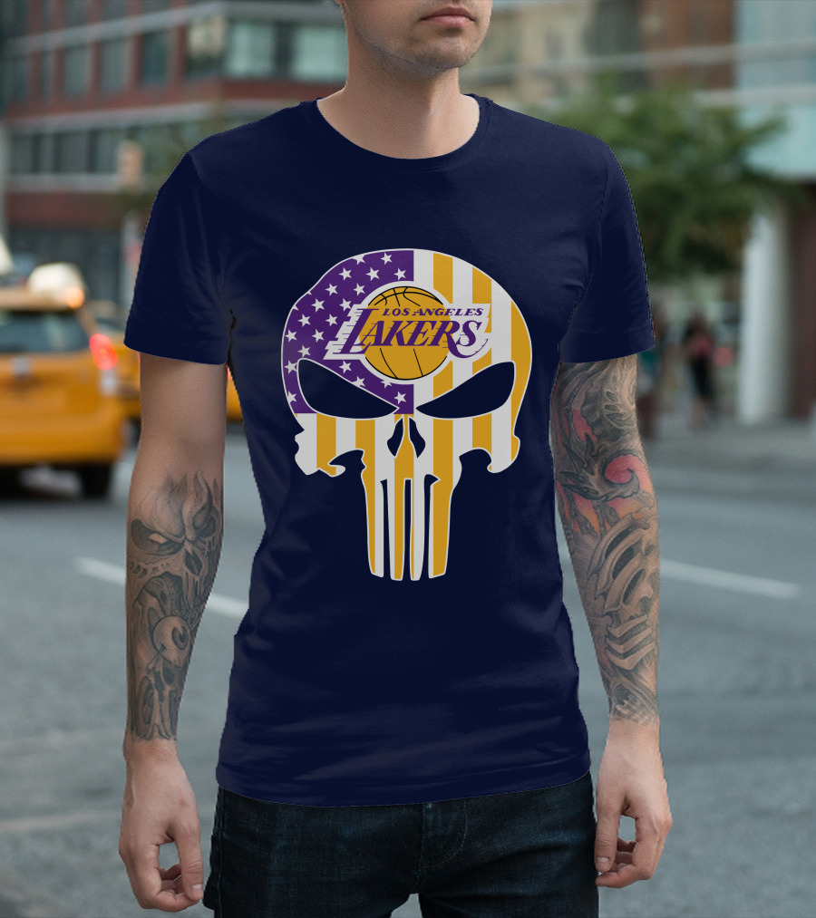 Los Angeles Lakers Skull Punisher American Flag T-Shirt