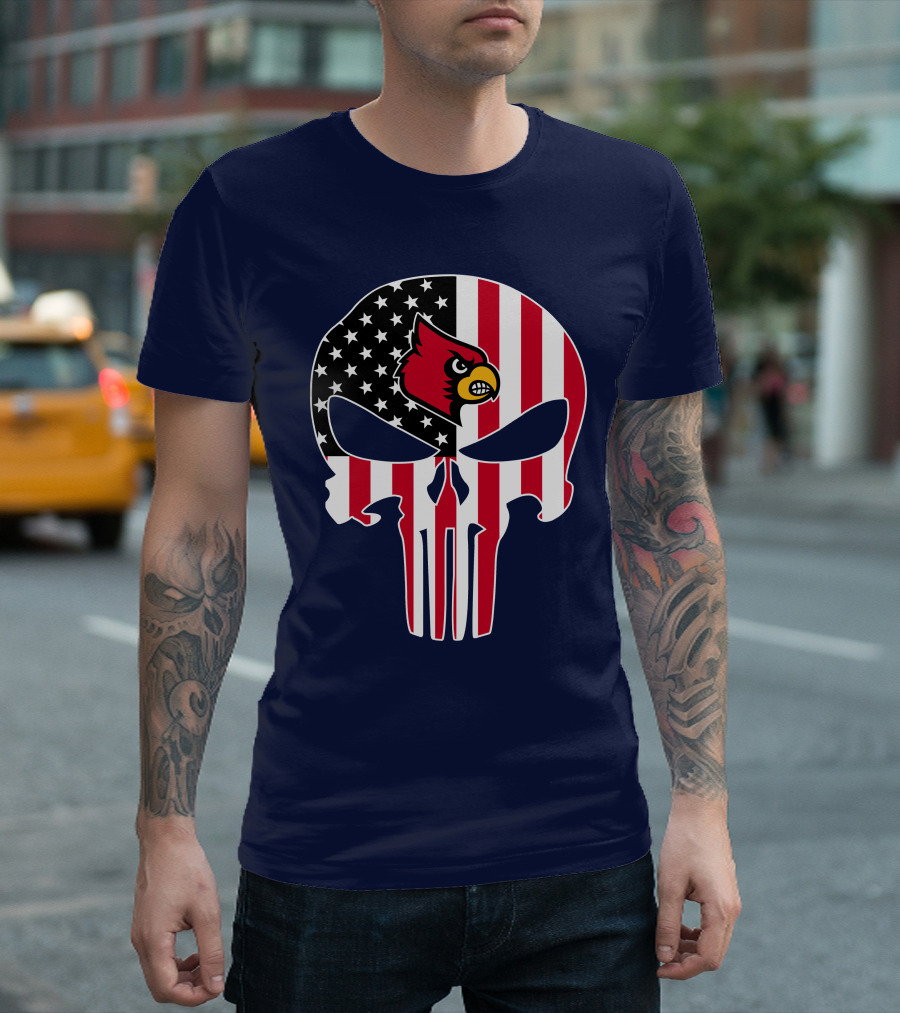 American Flag Punisher Skull Louisville Cardinals T-Shirt