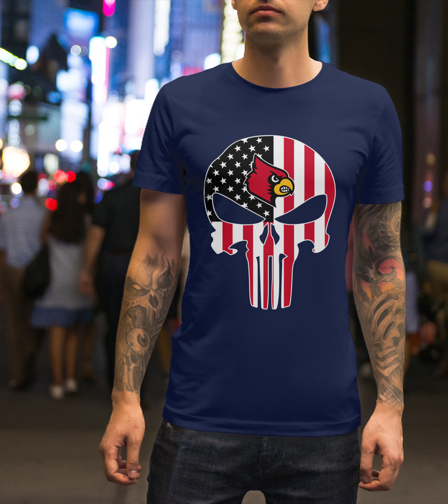 American Flag Punisher Skull Louisville Cardinals T-Shirt
