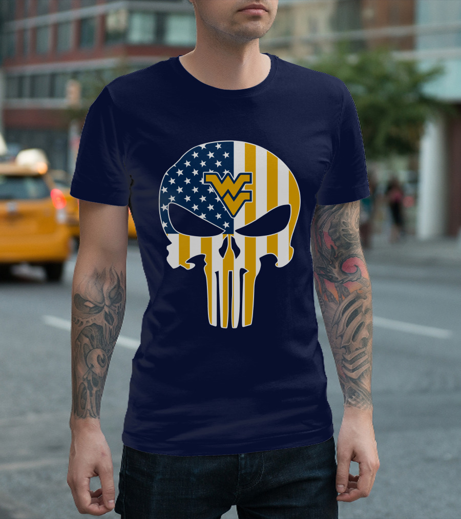 West Virginia Mountaineers The Punisher American Flag Skull T-Shirt