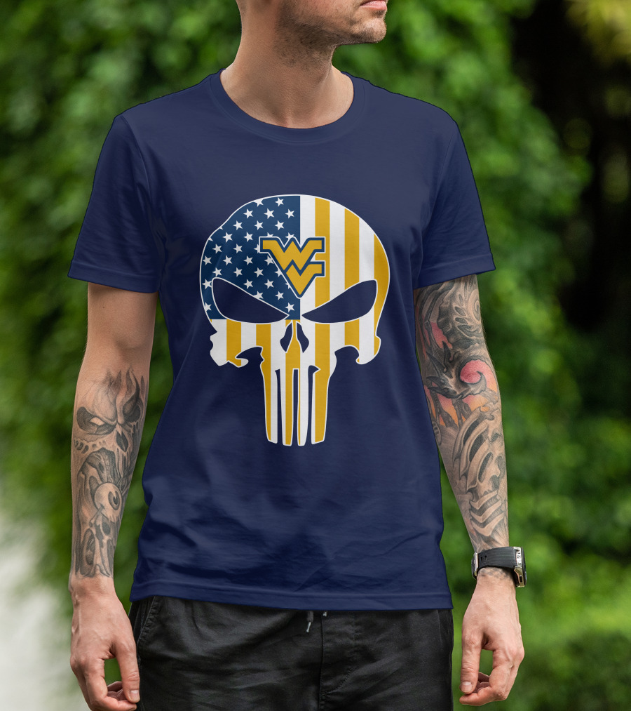 West Virginia Mountaineers The Punisher American Flag Skull T-Shirt