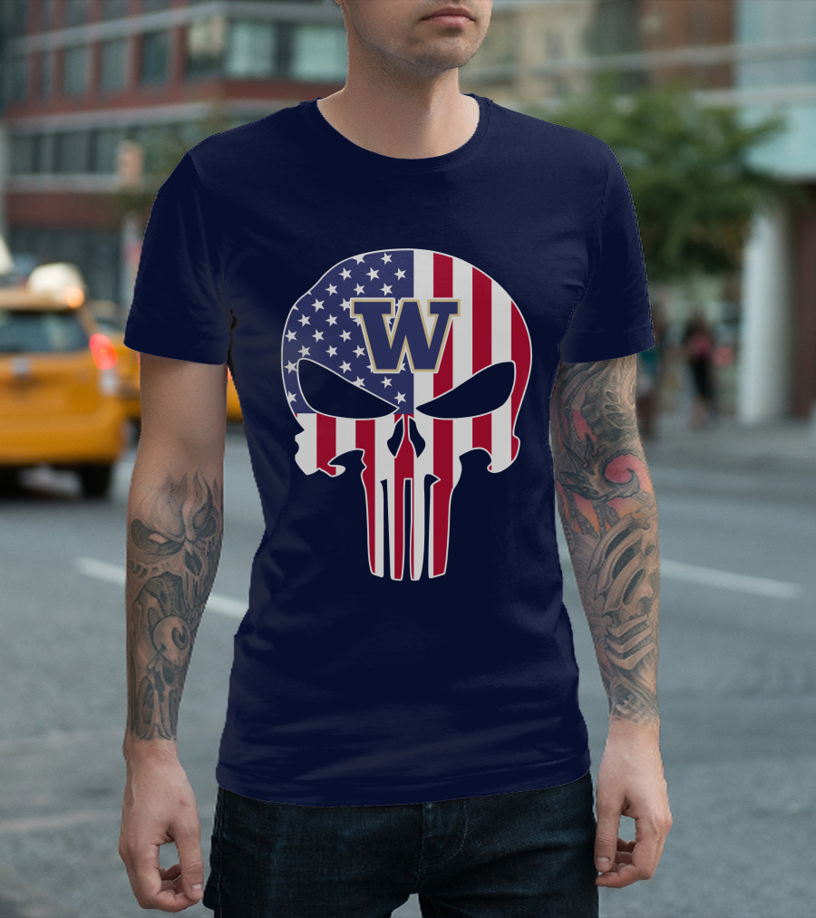 Washington Huskies The Punisher American Flag Skull W T-Shirt