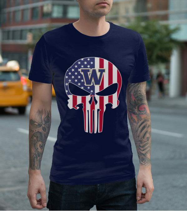 Washington Huskies The Punisher American Flag Skull W T-Shirt