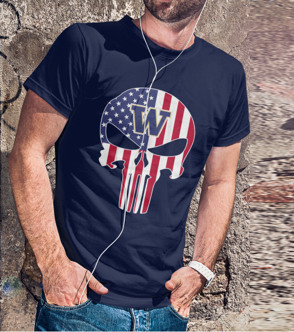 Washington Huskies The Punisher American Flag Skull W T-Shirt