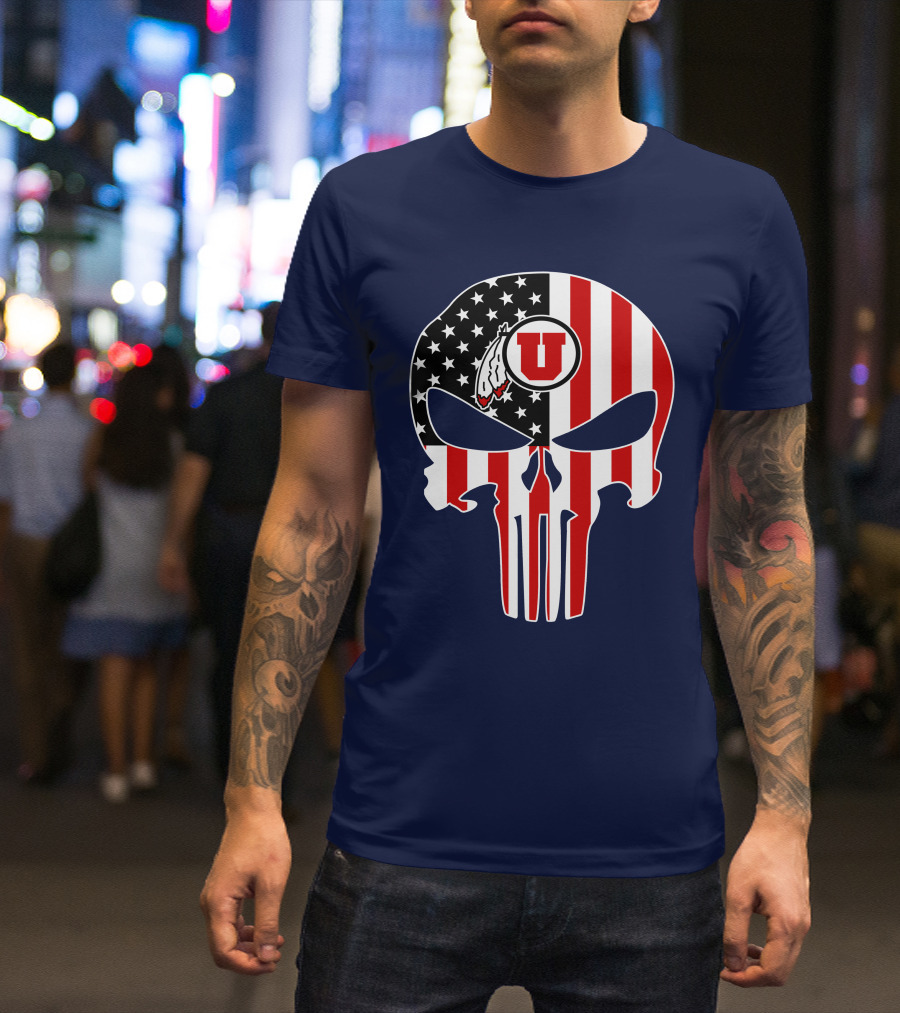 Utah Utes U Logo Punisher Skull American Flag T-Shirt