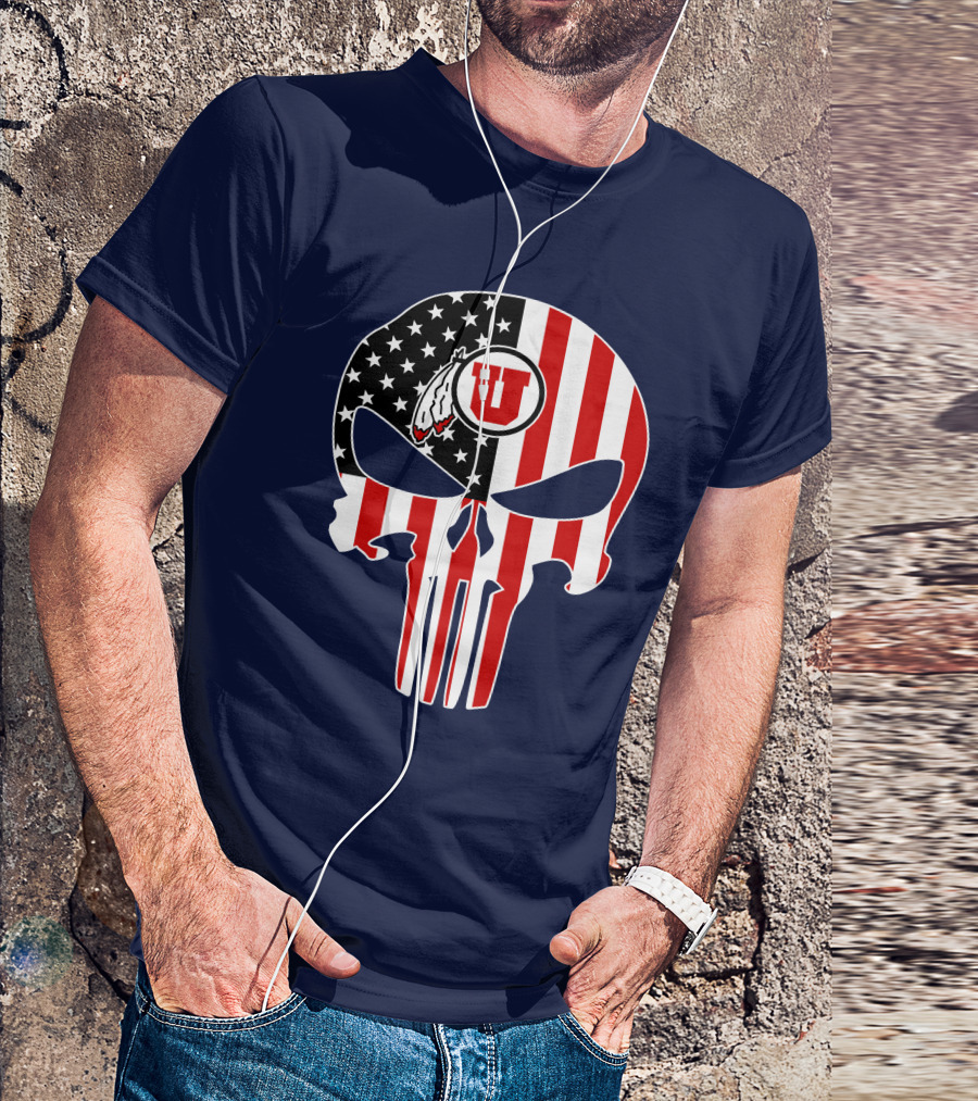 Utah Utes U Logo Punisher Skull American Flag T-Shirt