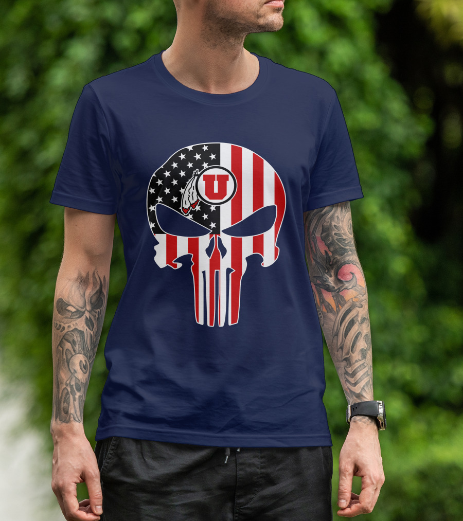 Utah Utes U Logo Punisher Skull American Flag T-Shirt
