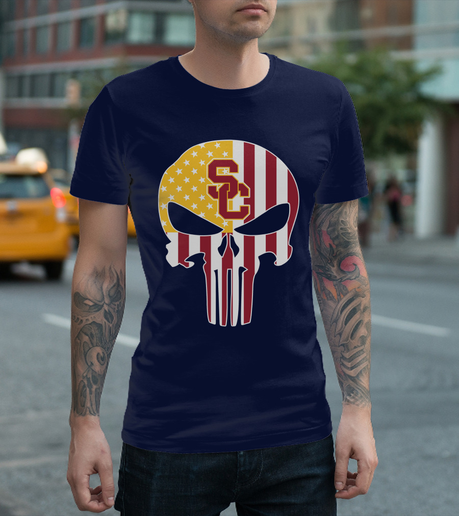 Usc Trojans Skull Punisher American Flag T-Shirt