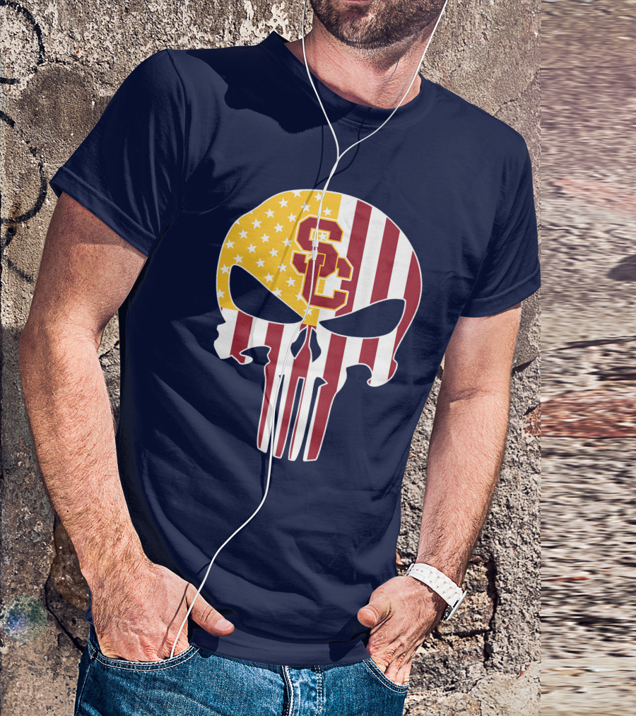 Usc Trojans Skull Punisher American Flag T-Shirt