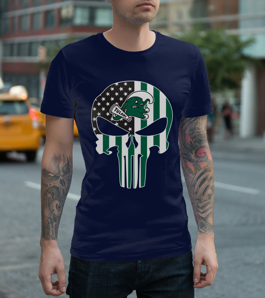 Tulane Green Wave 16 Punisher Flag Skull T-Shirt