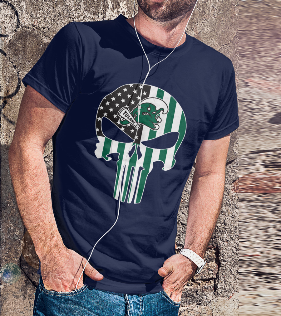 Tulane Green Wave 16 Punisher Flag Skull T-Shirt