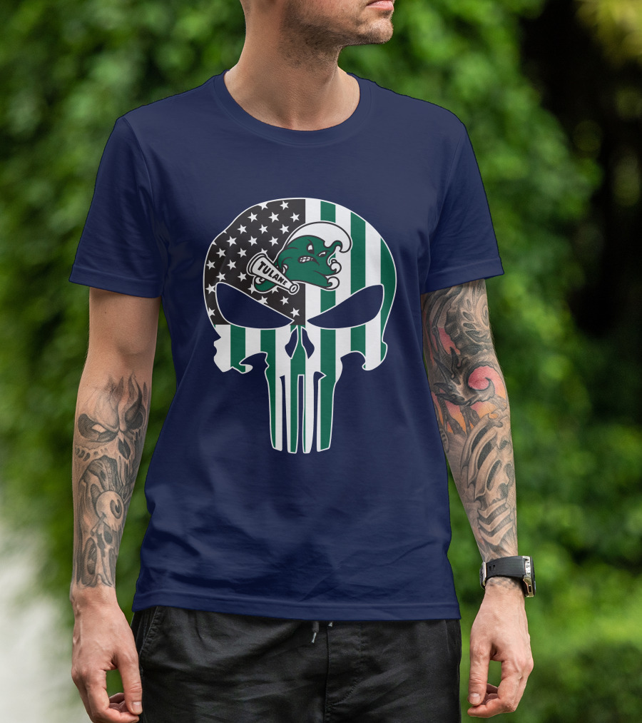 Tulane Green Wave 16 Punisher Flag Skull T-Shirt