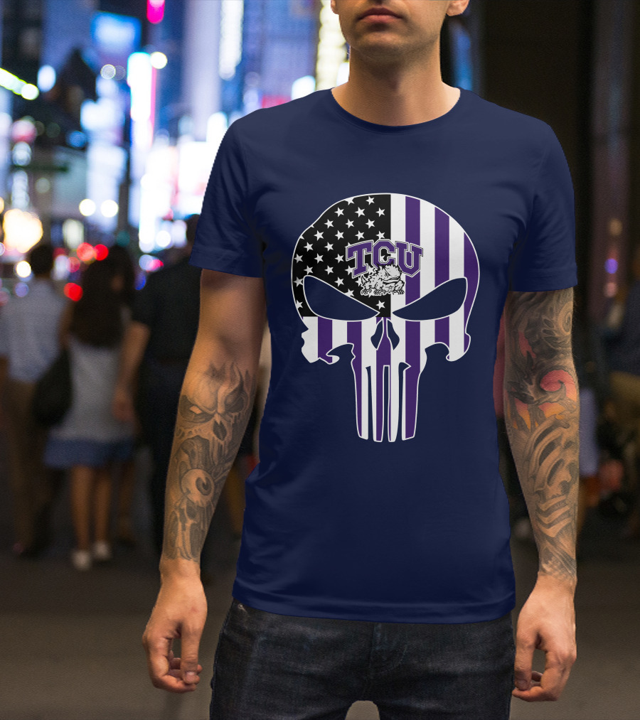 Tcu Horned Frogs Logo With American Flag Punisher Skull T-Shirt