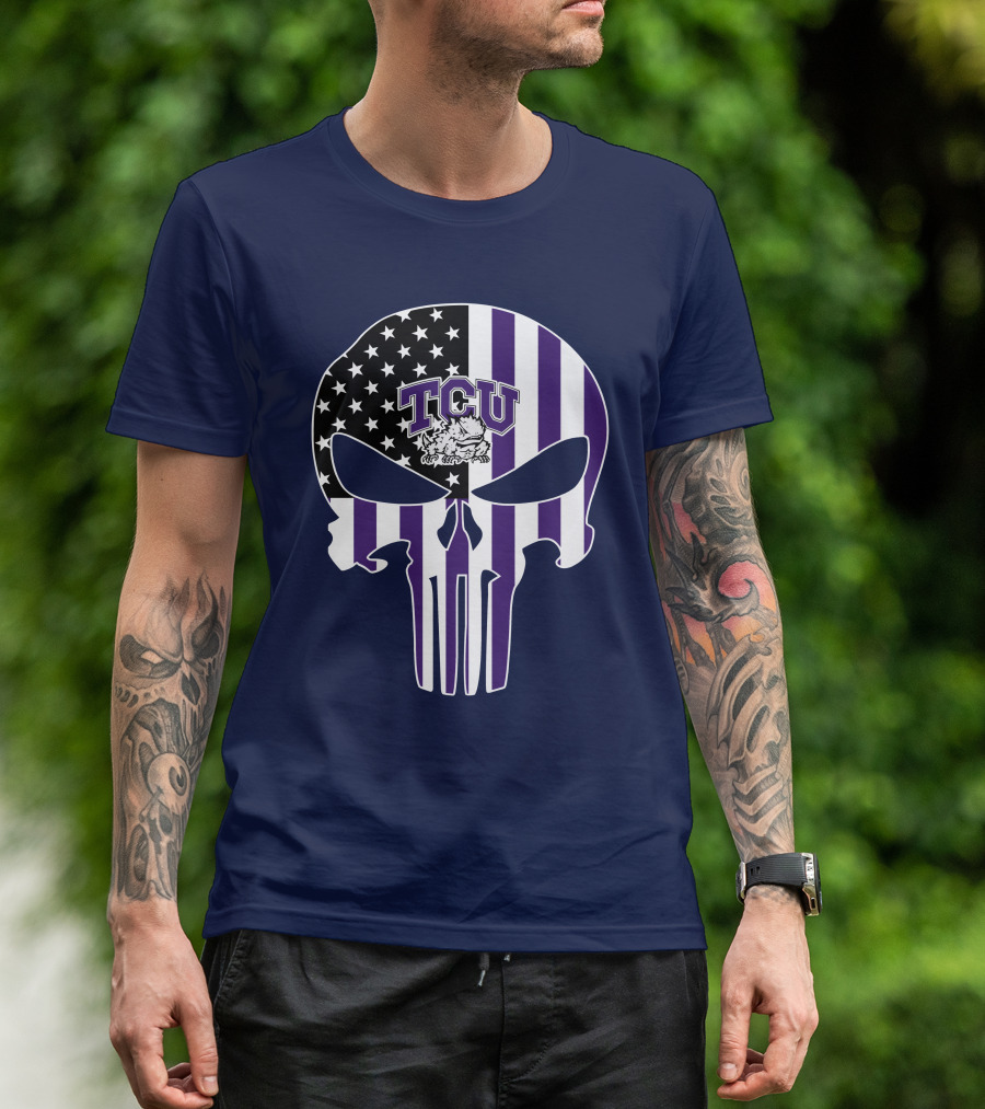 Tcu Horned Frogs Logo With American Flag Punisher Skull T-Shirt