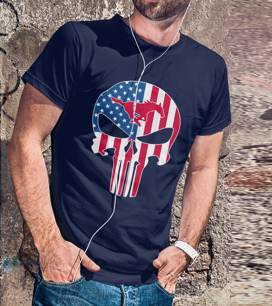 Smu Mustangs The Punisher American Flag Skull Iconic Symbol T-Shirt