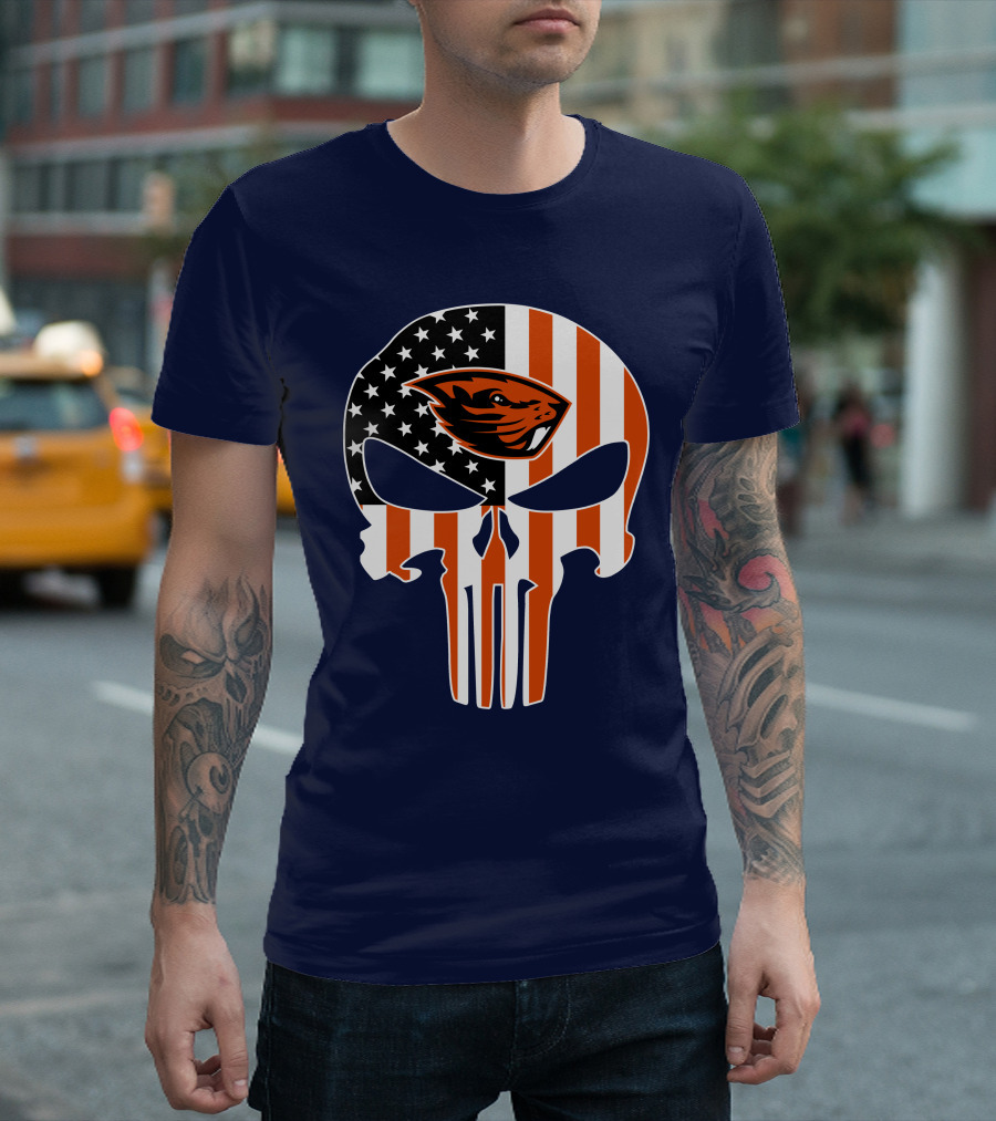 Oregon State Beavers American Flag Skull Logo Punisher 29 T-Shirt
