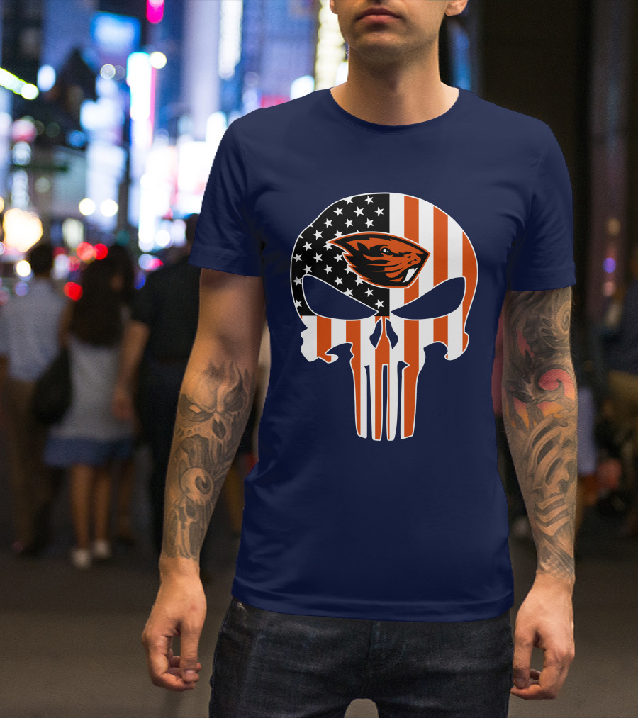 Oregon State Beavers American Flag Skull Logo Punisher 29 T-Shirt