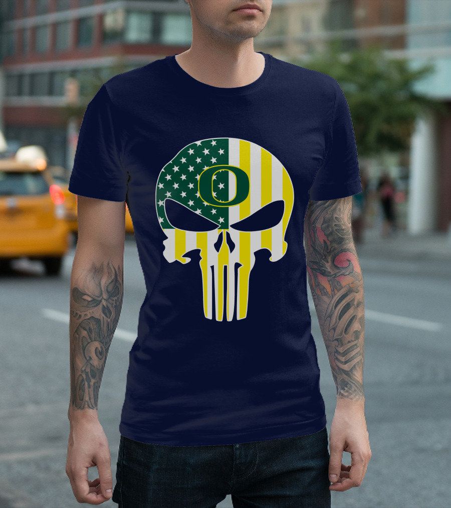 Oregon Ducks Punisher Skull American Flag T-Shirt
