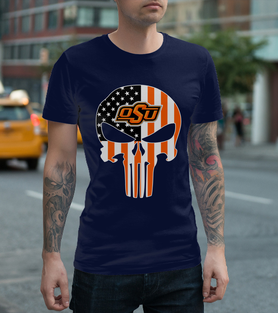Oklahoma State Cowboys 32 Punisher Skull Osu American Flag T-Shirt