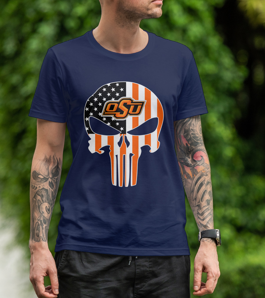 Oklahoma State Cowboys 32 Punisher Skull Osu American Flag T-Shirt