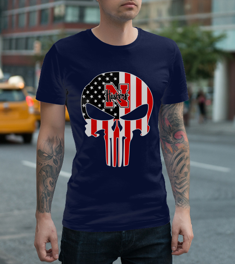 Nebraska Cornhuskers Punisher Skull American Flag T-Shirt