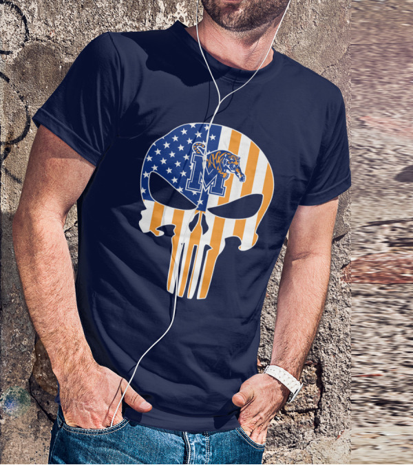 Memphis Tigers Punisher Skull Usa Flag Sports T-Shirt