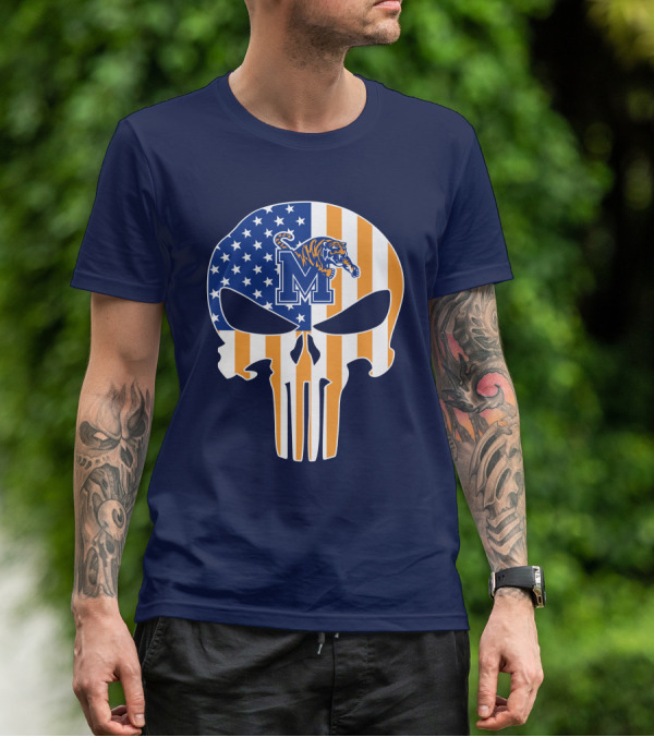 Memphis Tigers Punisher Skull Usa Flag Sports T-Shirt