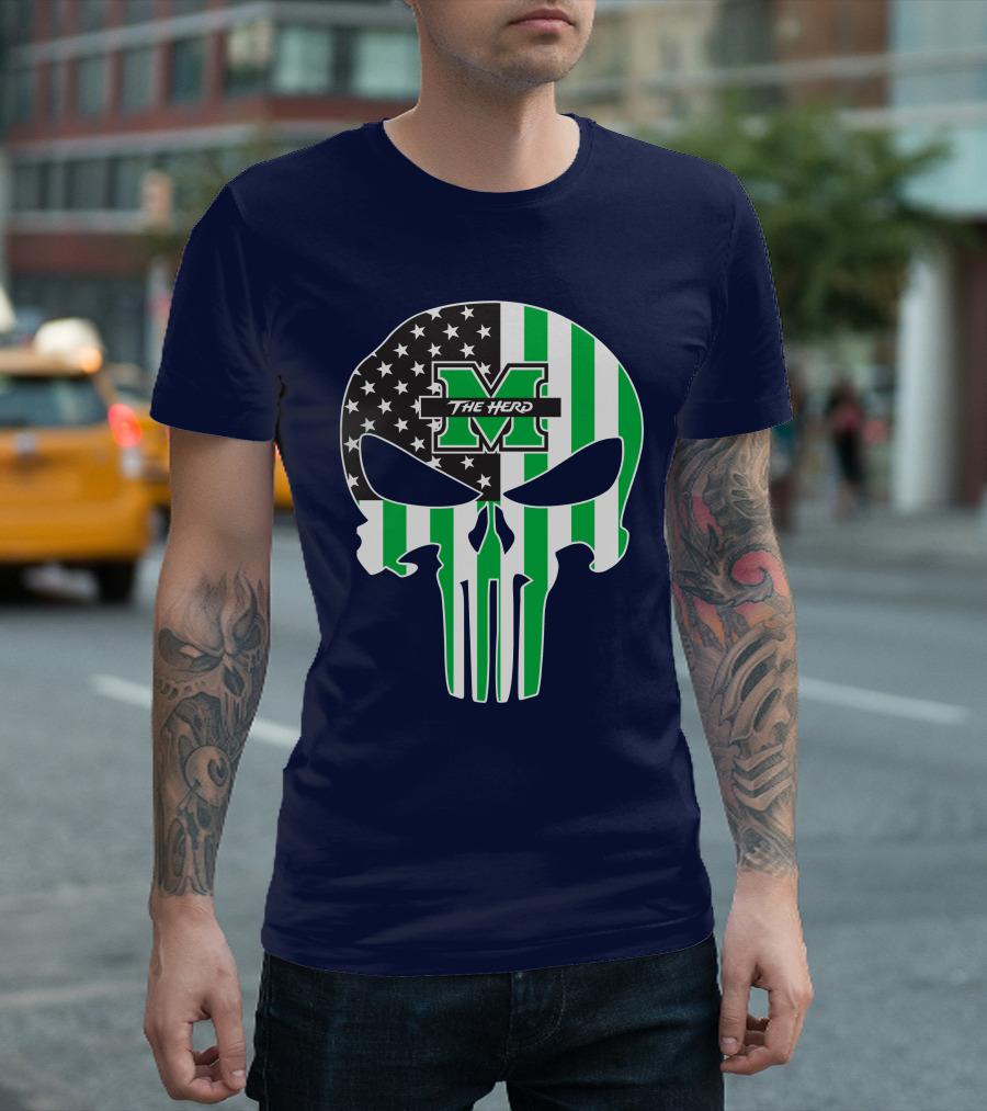Marshall Thundering Herd The Punisher American Flag Skull T-Shirt