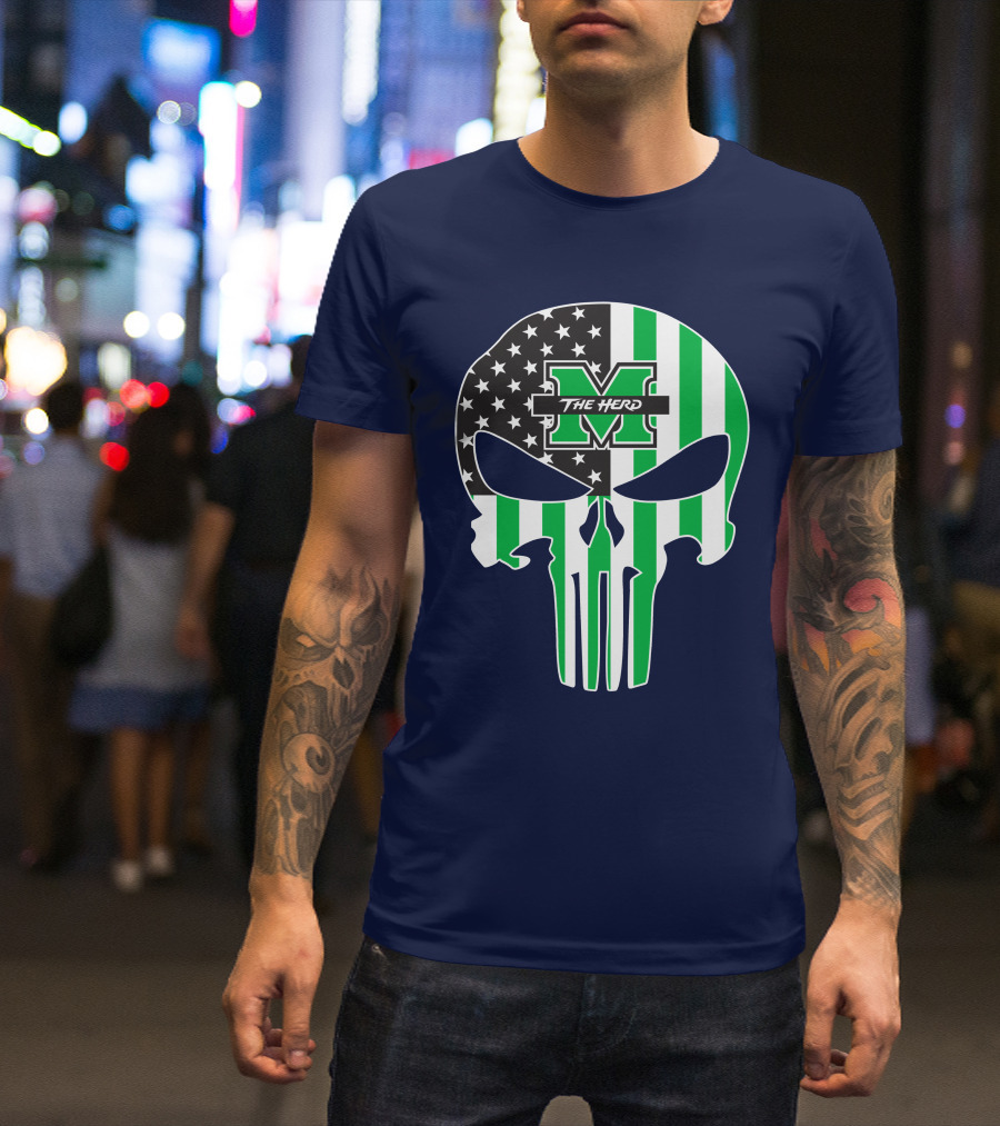 Marshall Thundering Herd The Punisher American Flag Skull T-Shirt