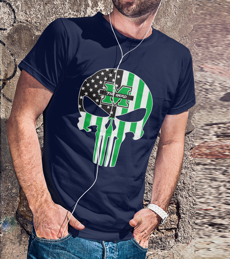 Marshall Thundering Herd The Punisher American Flag Skull T-Shirt