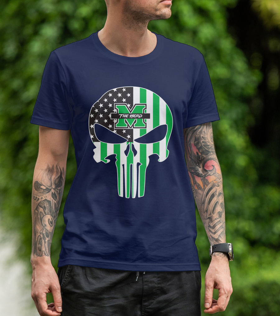 Marshall Thundering Herd The Punisher American Flag Skull T-Shirt