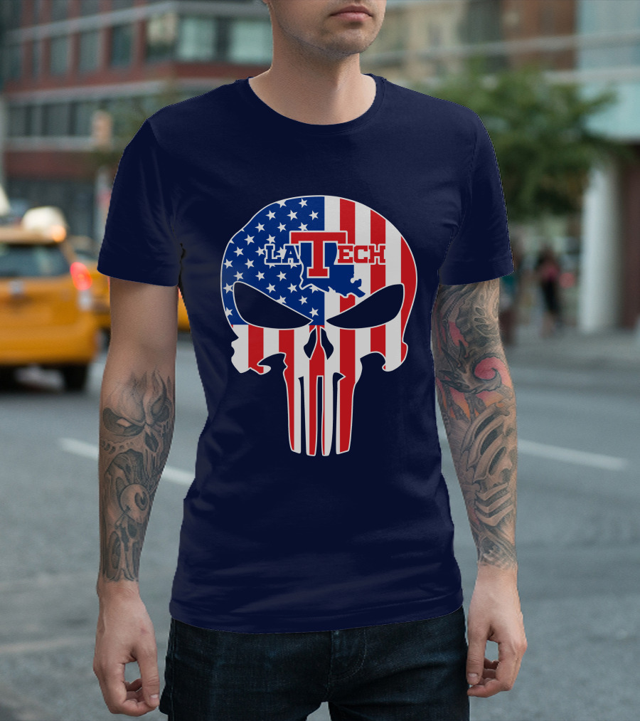 Louisiana Tech Bulldogs La Tech Skull American Flag Punisher T-Shirt