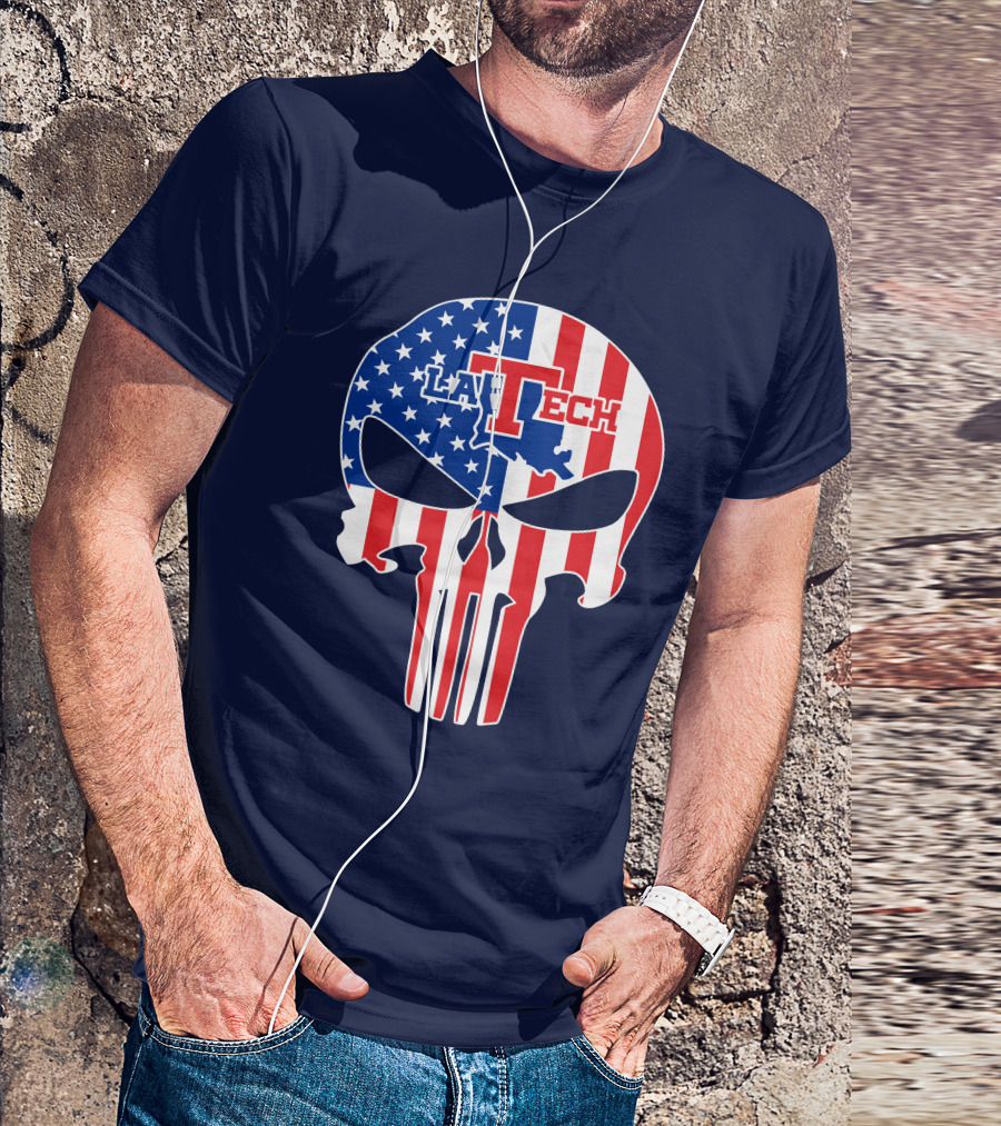 Louisiana Tech Bulldogs La Tech Skull American Flag Punisher T-Shirt