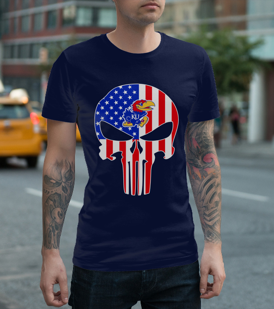 Kansas Jayhawks The Punisher American Flag Skull T-Shirt