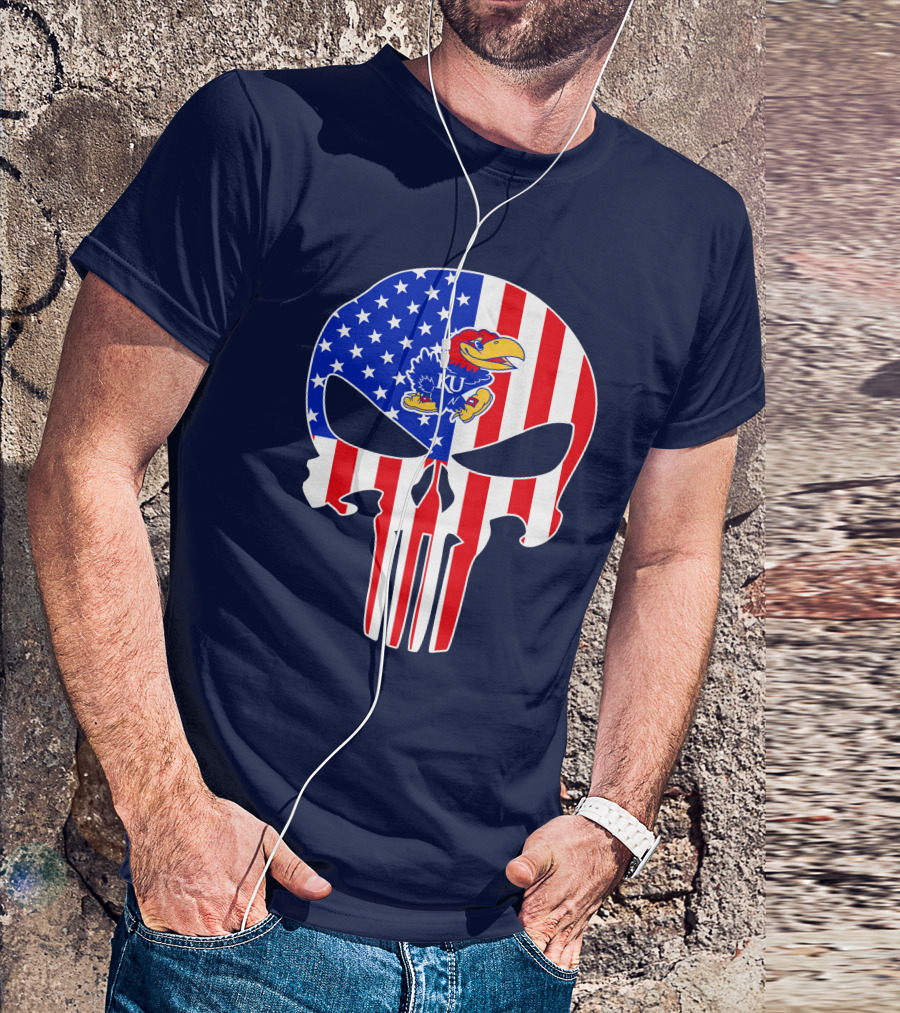 Kansas Jayhawks The Punisher American Flag Skull T-Shirt