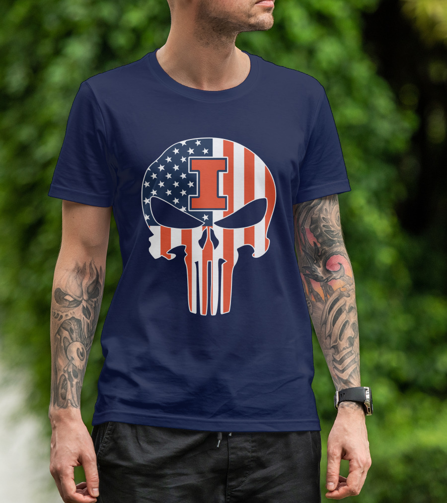 Illinois Fighting Illini Skull Punisher American Flag I T-Shirt
