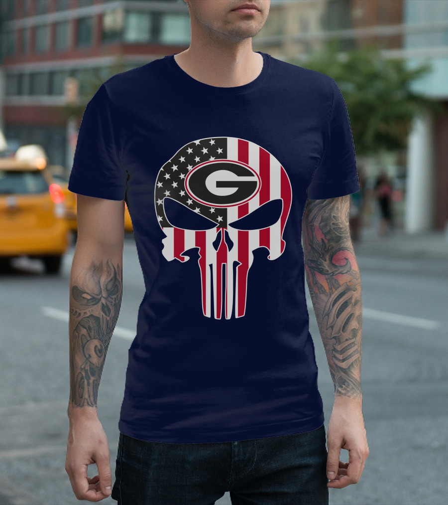 Georgia Bulldogs Punisher Skull American Flag 52 T-Shirt