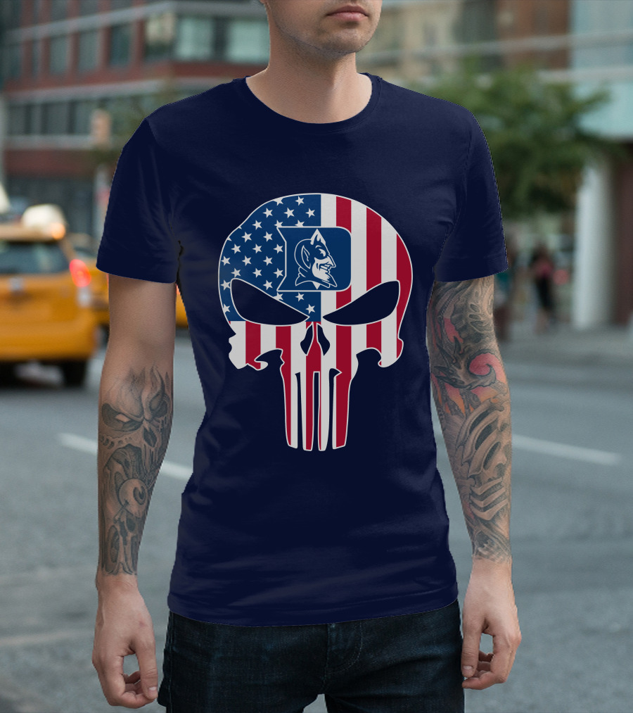 Duke Blue Devils The Punisher American Flag Skull T-Shirt