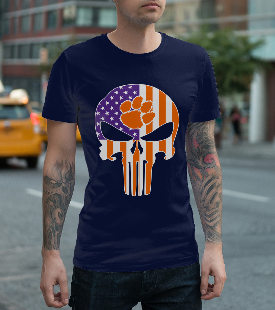 Clemson Tigers The Punisher American Flag Skull Paw T-Shirt