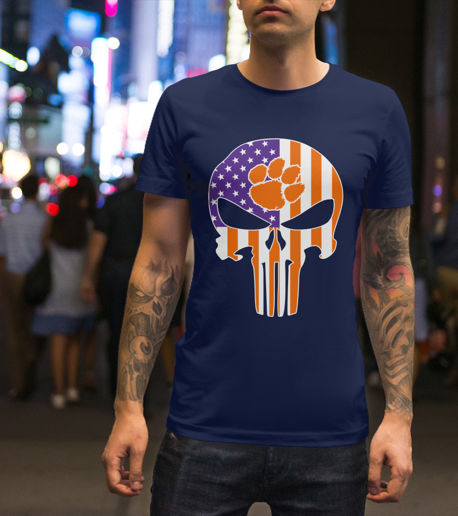Clemson Tigers The Punisher American Flag Skull Paw T-Shirt