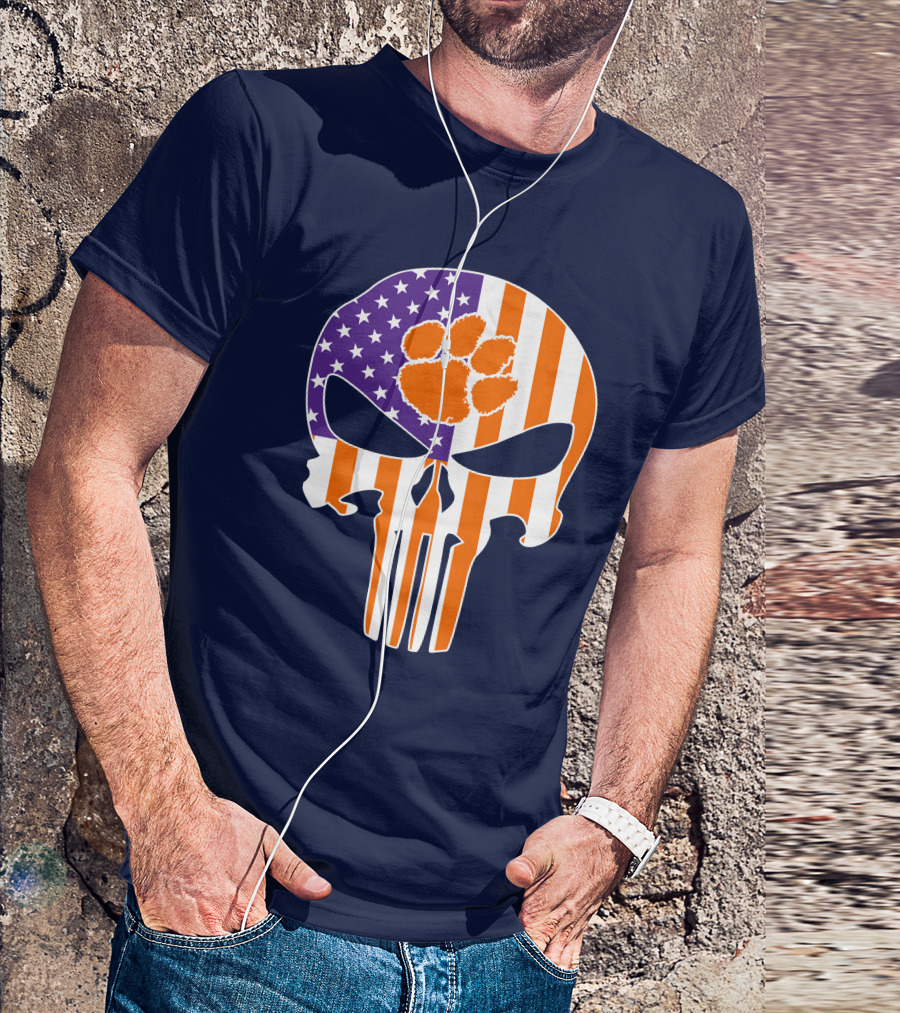 Clemson Tigers The Punisher American Flag Skull Paw T-Shirt