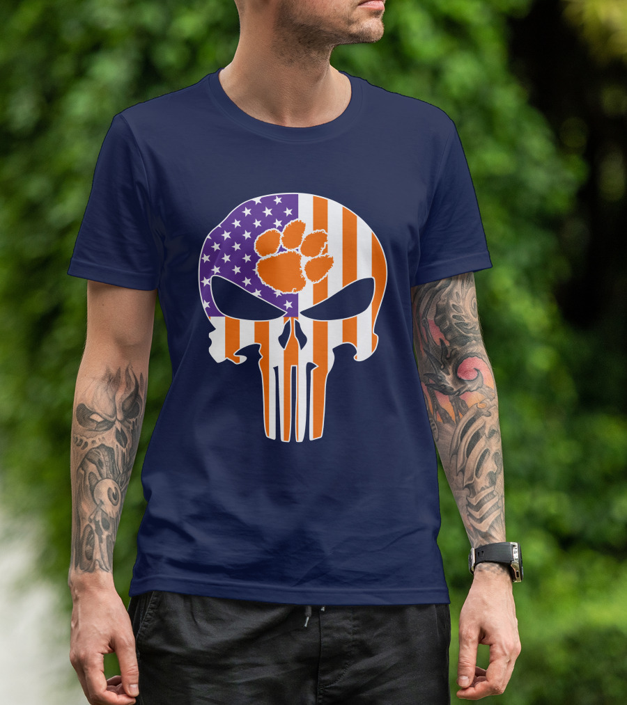 Clemson Tigers The Punisher American Flag Skull Paw T-Shirt