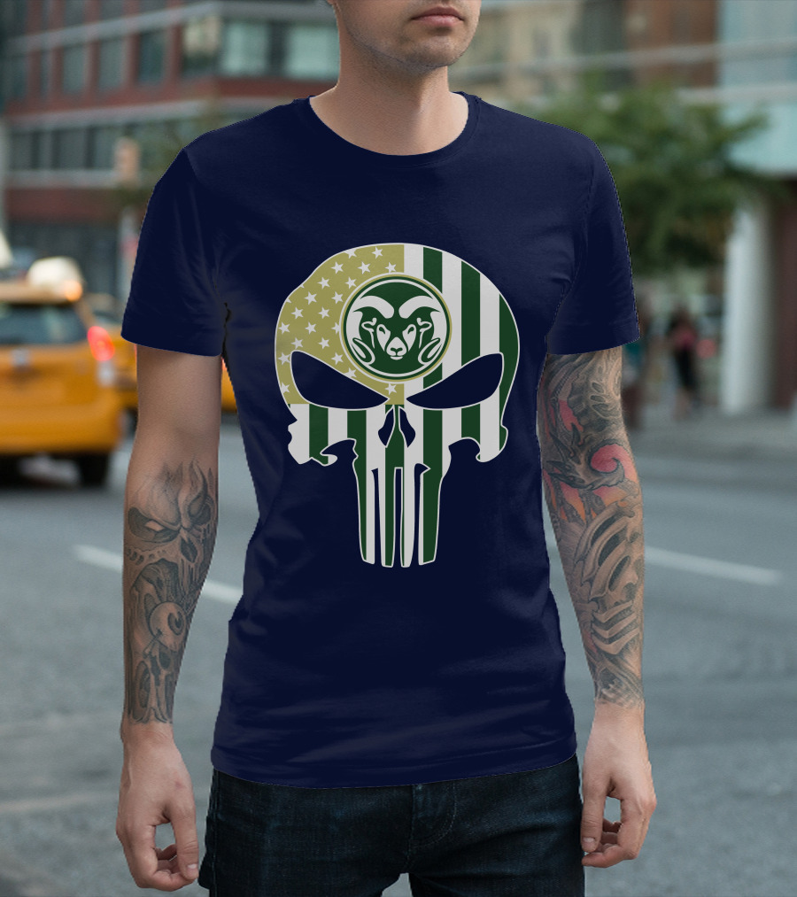 Colorado State Rams The Punisher Skull With American Flag And Ram T-Shirt