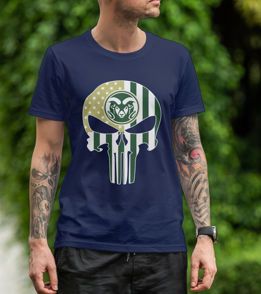 Colorado State Rams The Punisher Skull With American Flag And Ram T-Shirt