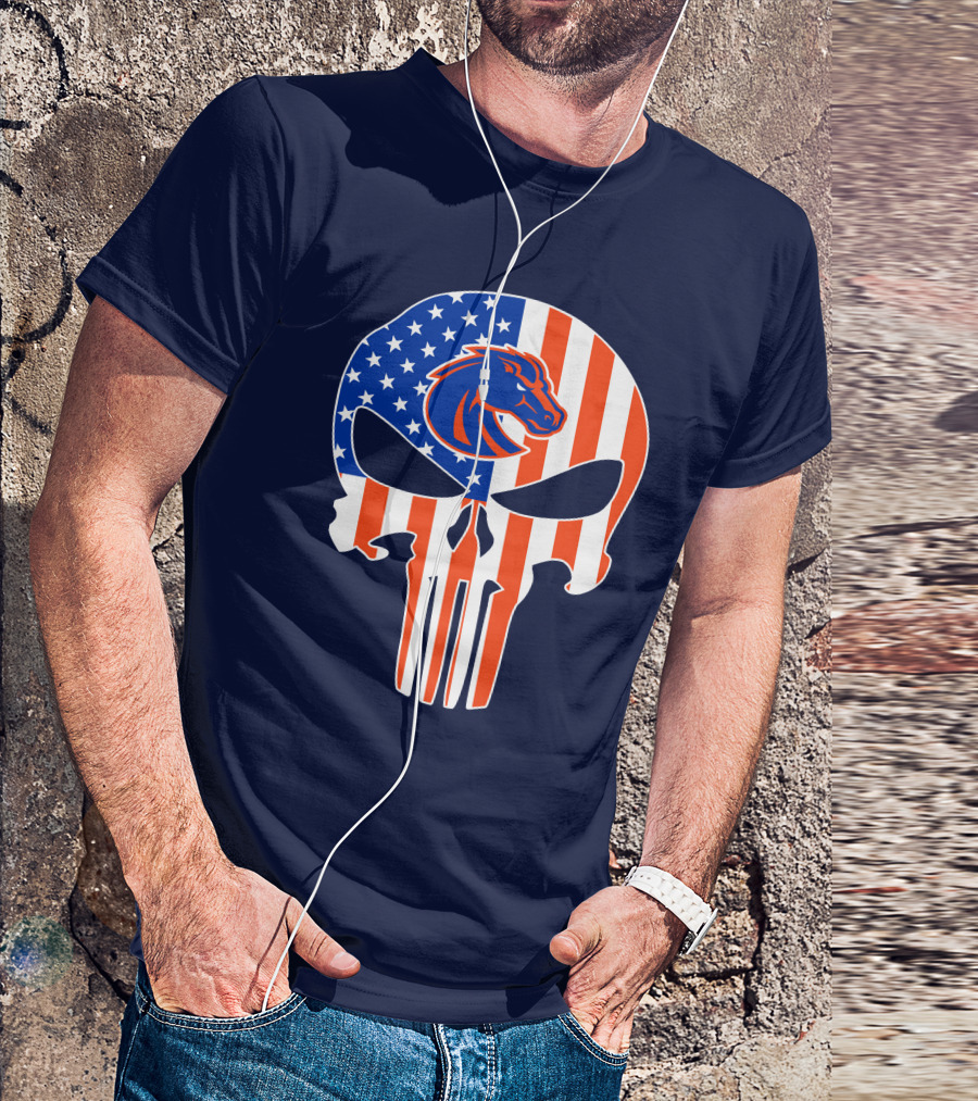 Boise State Broncos The Punisher American Flag Skull T-Shirt