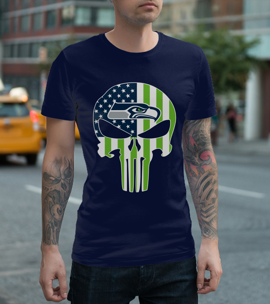 Seattle Seahawks The Punisher Skull American Flag T-Shirt