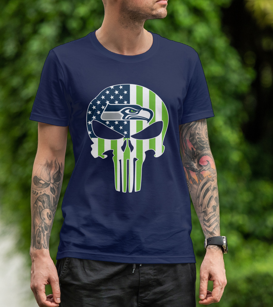 Seattle Seahawks The Punisher Skull American Flag T-Shirt