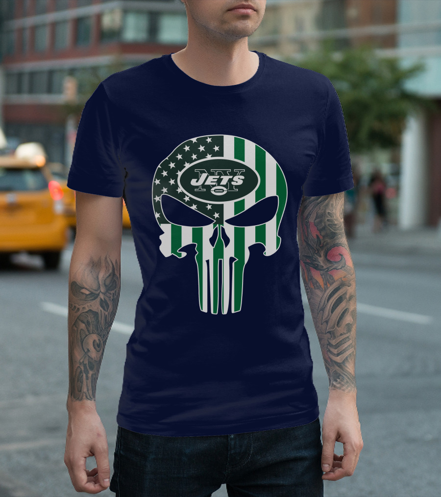 New York Jets Punisher Skull American Flag T-Shirt