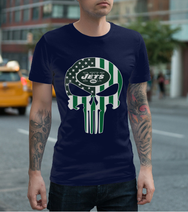 New York Jets Punisher Skull American Flag T-Shirt