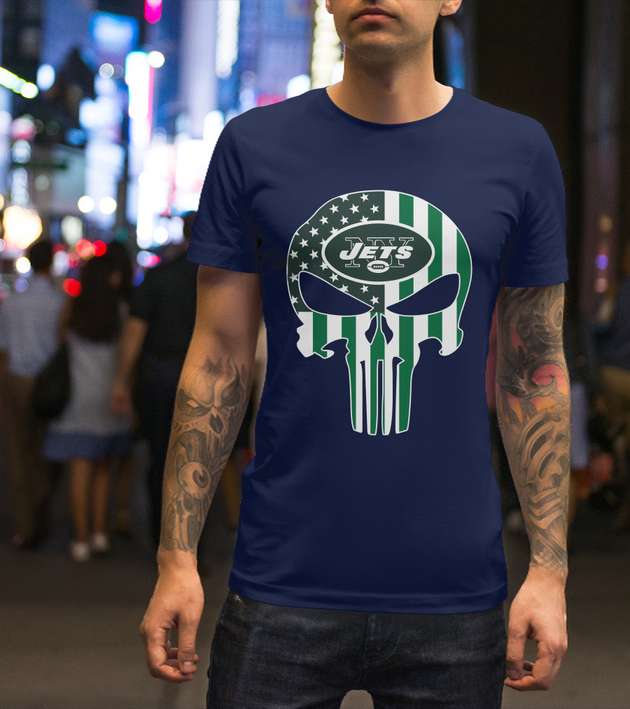 New York Jets Punisher Skull American Flag T-Shirt